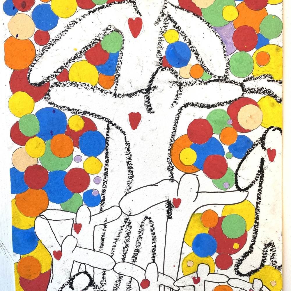 Student artwork: figures holding hands surrounded by coloured circles