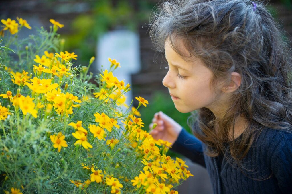 A girl leans in to smell yellow flowers in the garden