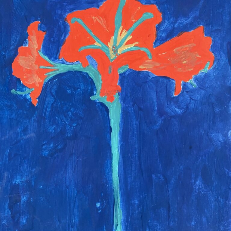Student artwork: a red amaryllis painted on a deep blue background