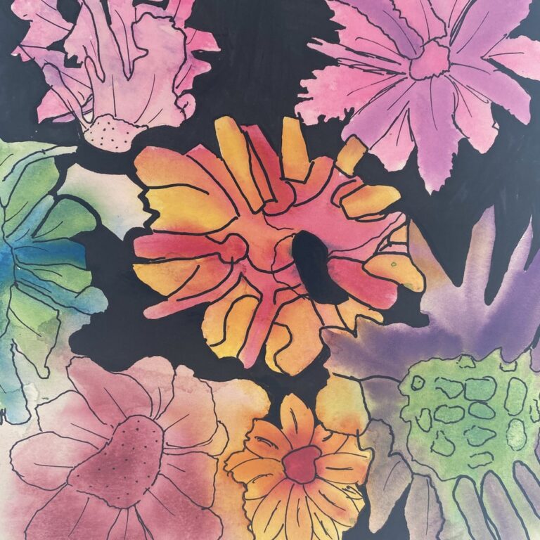 Student artwork: watercolour flowers in pink, orange and purple
