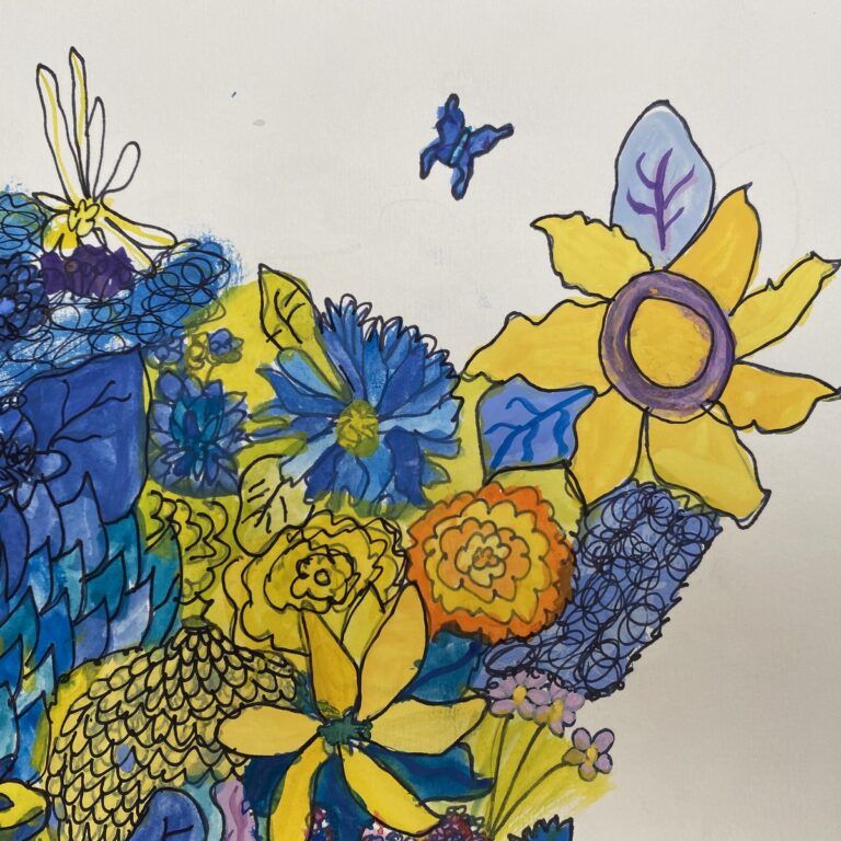 Ink and watercolour flower drawing made by a La Scuola student