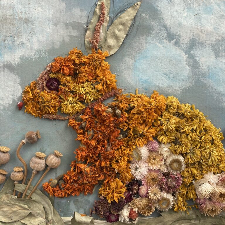 Dried-flower rabbit collage made by a La Scuola preschooler