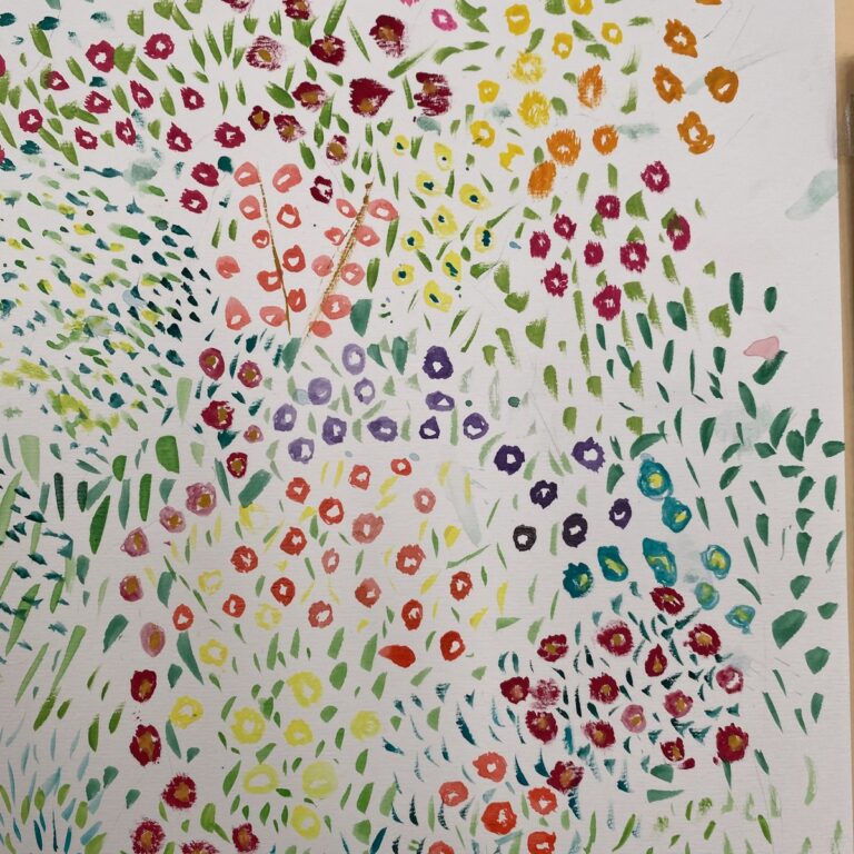 Watercolour painting of scattered flowers made by a La Scuola student
